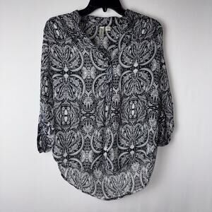 Tacera Womens Black White 3/4 Sleeve Embroidered Pattern Blouse Petite Small